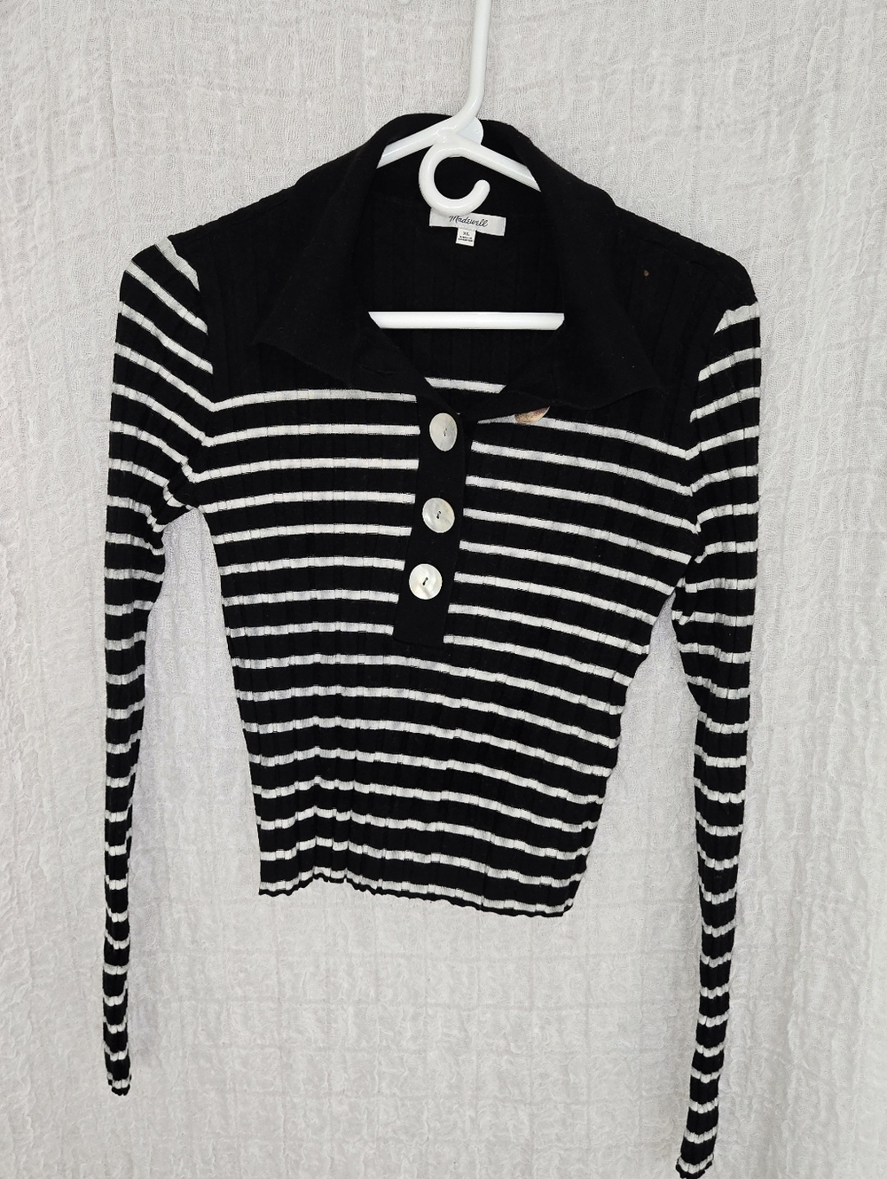 Madewell‎ Black & White Striped Long-Sleeve Polo Sweater